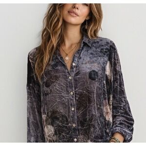 JOHNNY WAS Workshop Silk Blend Velvet Burnout Button Shirt S Boho Dark Florals